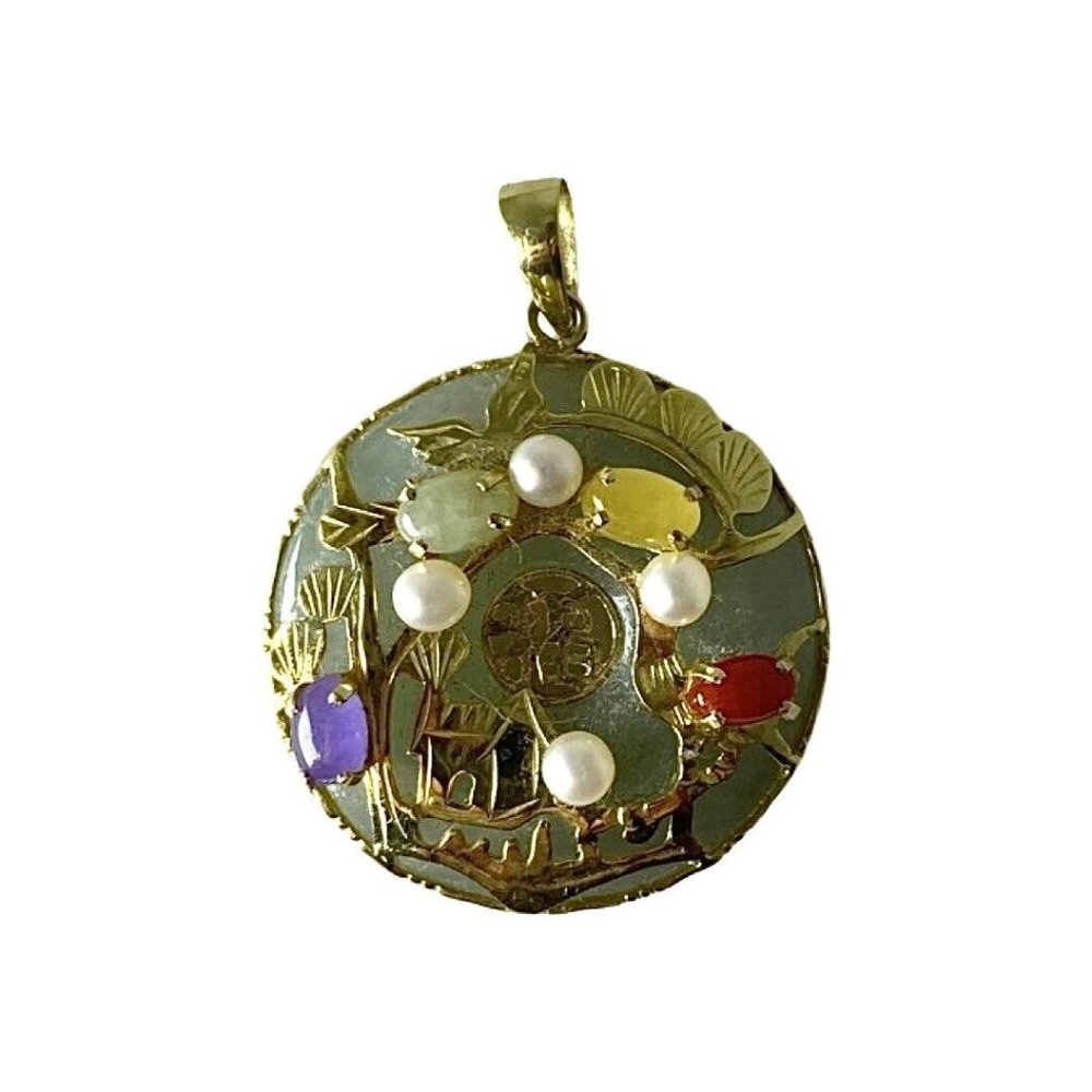 Chinese 14k Gold Wrapped Round Jade Pendent With Pearl and Multi Gemstones